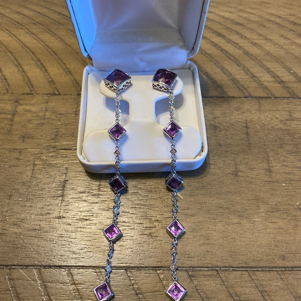 Purple and Silver Crystal Chain Earrings